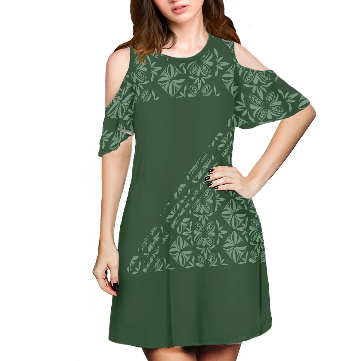 

High-End Sexy Off-The-Shoulder Short Sleeve Miniskirt Samoan Ethnic Print Tattoo Casual Fashion Style Summer Women's Club Wear