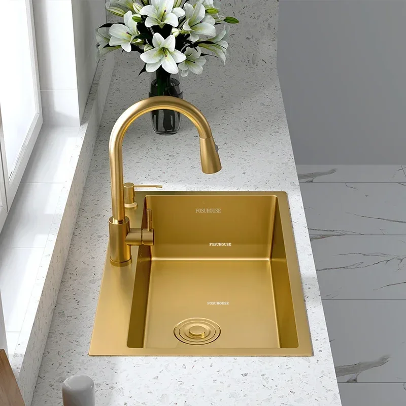 Nordic Gold Stainless Steel Kitchen Sinks Home Handmade Single-slot Kitchen Under-counter Basin Light Luxury Accessories