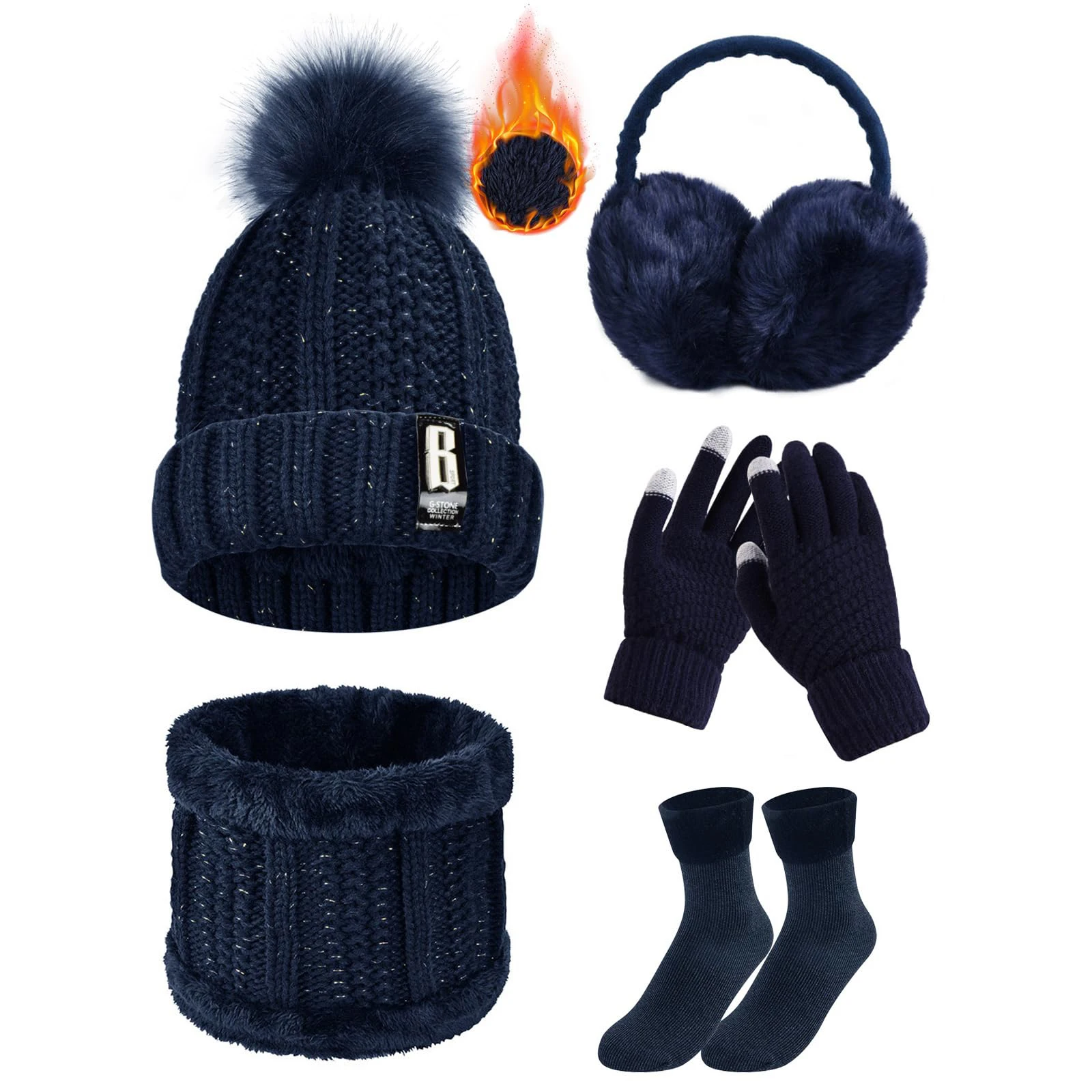 Knitted Hat and Scarf Set Touch Screen Gloves Gloves Winter Plush Earmuffs Thermal Socks 5pcs For Skiing Outdoor Sports
