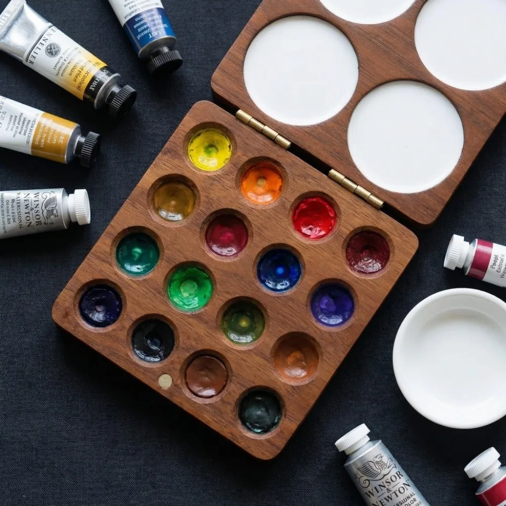 미술용품 호두나무 수채화 팔레트 미니 자석 흡착 믹싱 페인트 트레이 컴팩트 휴대용 페인트 박스 여행용