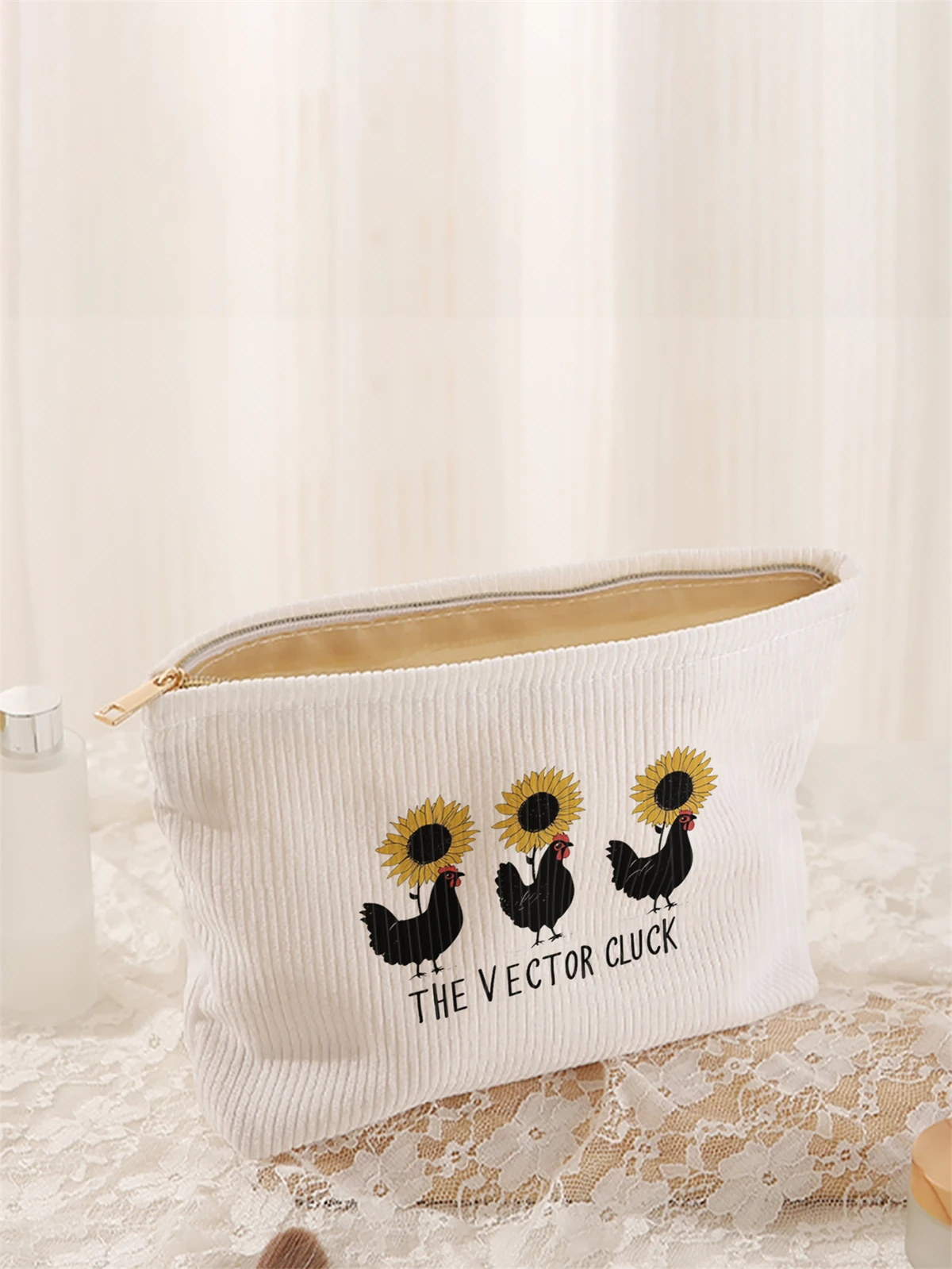 1pc hen and floral printed corduroy makeup bag, lightweight zipper makeup storage box, multifunctional bag with lining