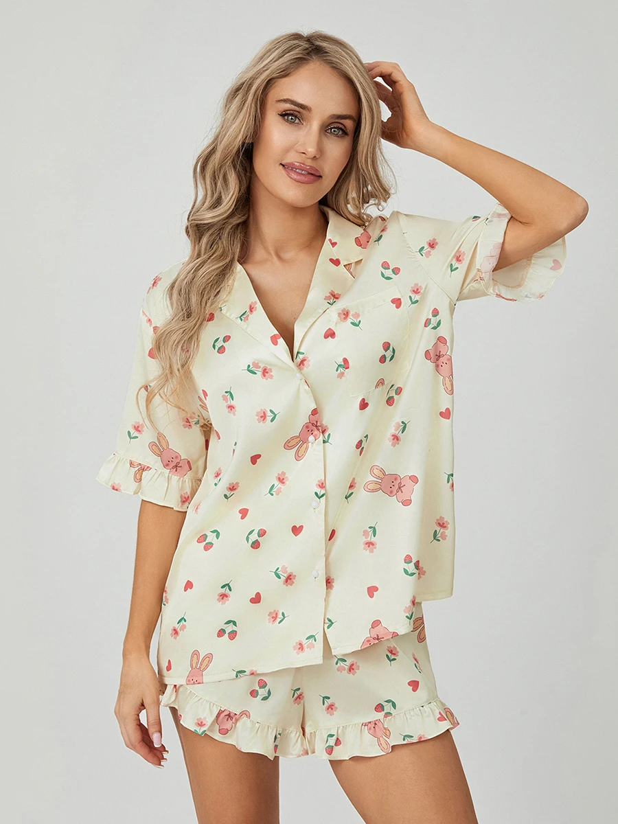 

Women 2 Piece Pajama Set Floral Bunny Print Summer Short Sleeves Tops and Elastic Ruffled Shorts for Loungewear