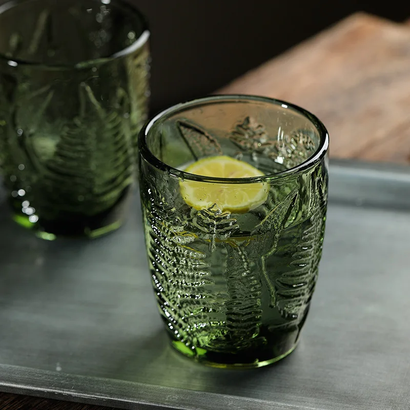 290ml 10oz Vintage Green Leaf Embossed Colored Side Glass Whiskey Water Glass Cup Heavy Thick Glassware Tumbler 1 Piece
