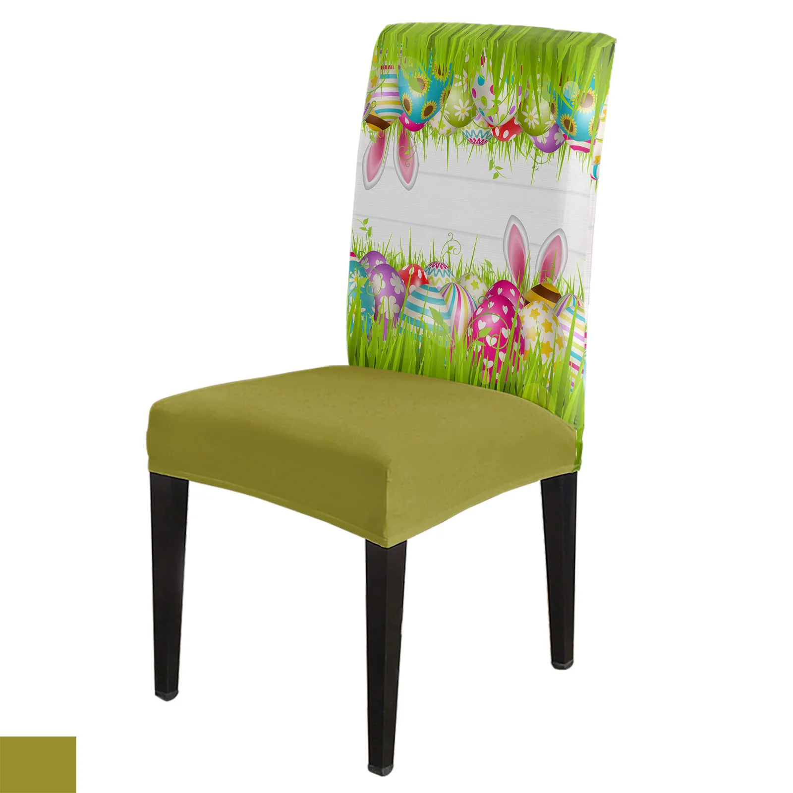 

Easter Eggs Rabbit Ears Grass Chair Cover Set Kitchen Stretch Spandex Seat Slipcover Home Dining Room Seat Cover