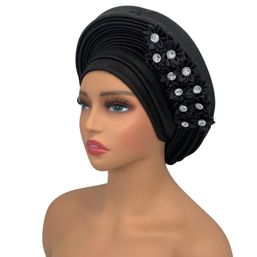 Nigeria Head Ties with Flowers Already Made Auto Gele Women Head Wraps for Wedding Party New African Headtie Turban