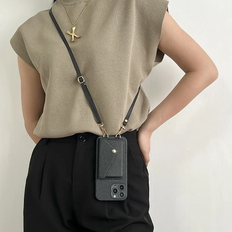 Crossbody Leather Phone Wallet Case with Card Holder and Lanyard Strap