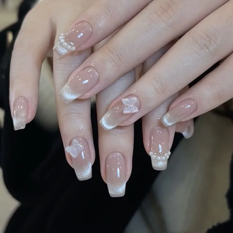 

24pcs/Box High Quality Wearable Artificial Korean Nail With Butterfly Finished Fake Nails Patch Full Cover Removable Nail Tips