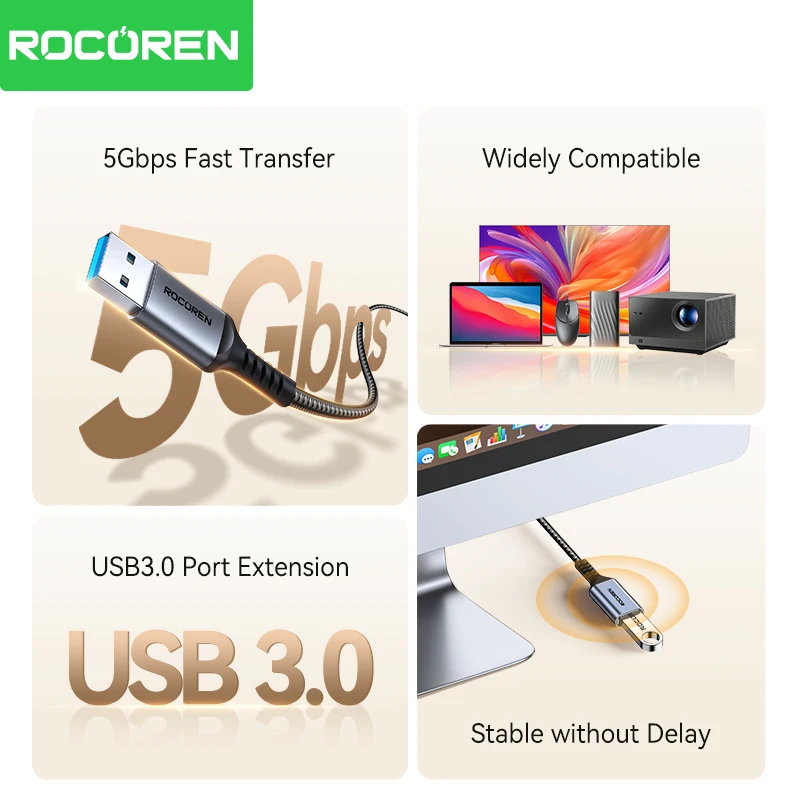 Rocoren USB 연장 케이블 USB 3.0 5Gbps 고속 전송 케이블 연장 코드 남성-여성 데이터 전송 리드 노트북 TV PS5