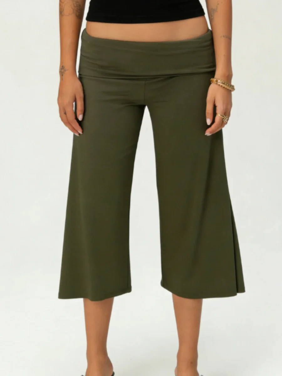 Women's Flowy Fold Over Capri Pants with Ruffle Hem and Elastic Waist