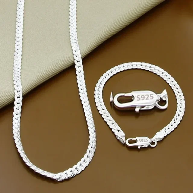 New 925 Sterling Silver 2 Piece Full Sideways Chain Necklace Bracelet For Women Men Fashion Jewelry Sets Wedding Gift 1