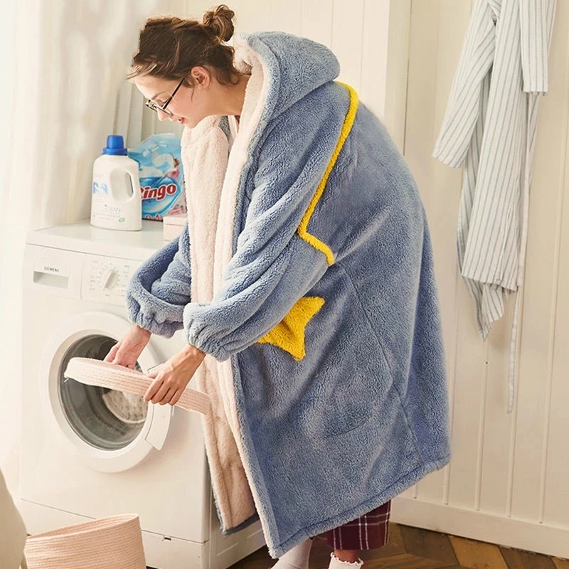 Women Nightgown Winter Flannel Pajamas Sweet Hooded Sleepshirts Warm Casual Loose Sleepwear Kawaii Fleece Long Sleeve Nightdress