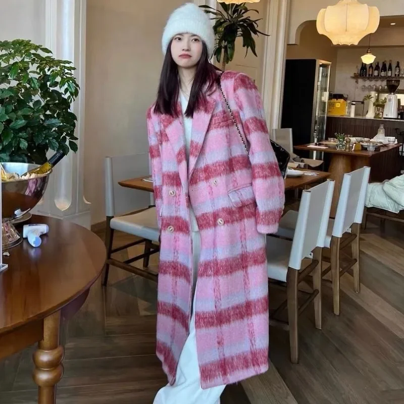 Women Temperament Fashion Woolen Coat Winter New Female Korean Style Loose Thicken Long Plaid Outcoat High-Grade Casual Outwear