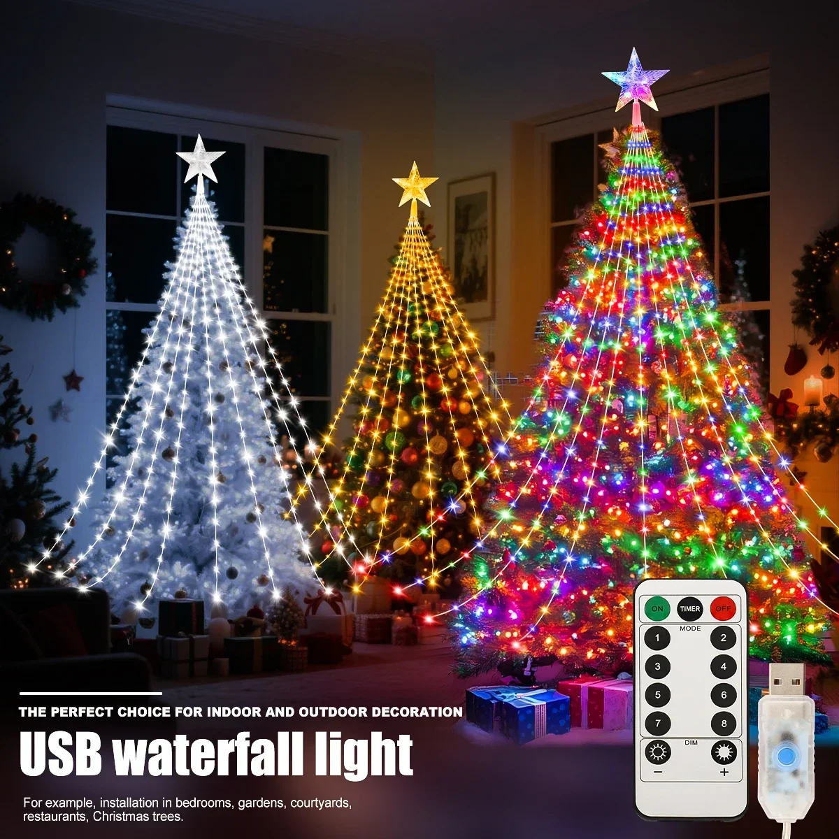 LED 야외 크리스마스 트리 장식 조명 USB 2/3M 방수 요정 스트링 라이트 8가지 모드 실내 마당 웨딩 파티 조명