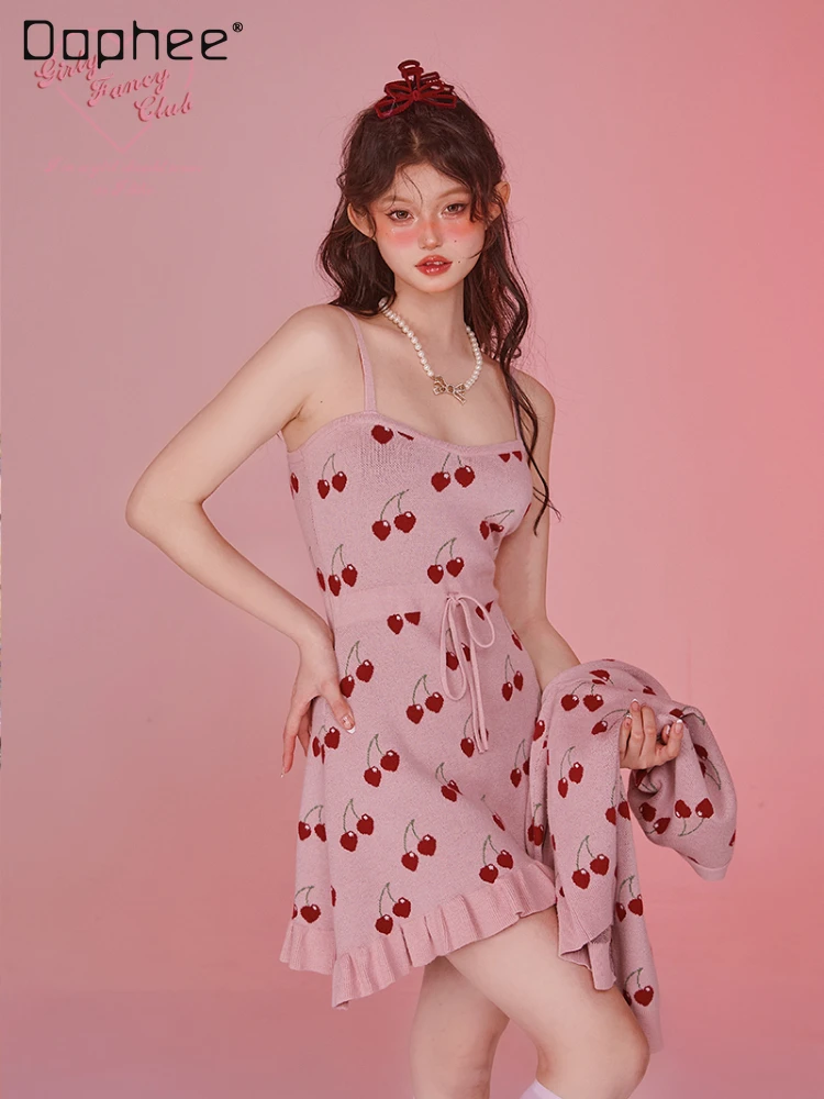 

Sweet Sexy Girls Dress Suit Pullover Sleeveless Cherry Printed Pink Ruffles Knitted Mid Suspender Dress and Cardigan 2-Piece Set