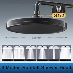 230mm High-Pressure Rainfall Shower Head with 6 Spray Modes (Black)