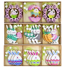 9pcs/Box Easter Rabbit Egg Wood Craft Small Pendant For Home Decoration Painted Handicraft Easter Party Ornament Kids Favors