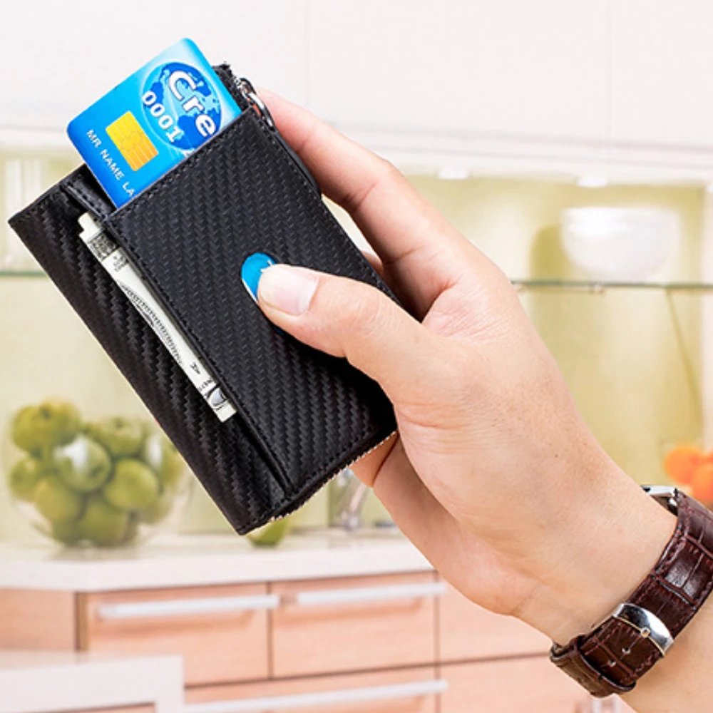 Leather Carbon Fiber Card Bag  Men's Zipper Business Card Clip Rfid Coin Purse