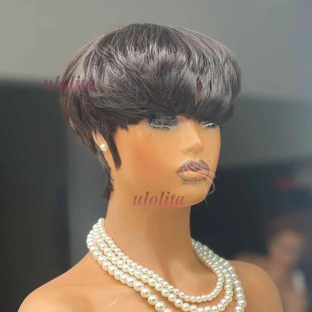 Short Straight Bob Wig Pixie Cut Wig Human Hair For Black Women With Bangs Brazilian Virgin Hair Non Lace front Cheap Black