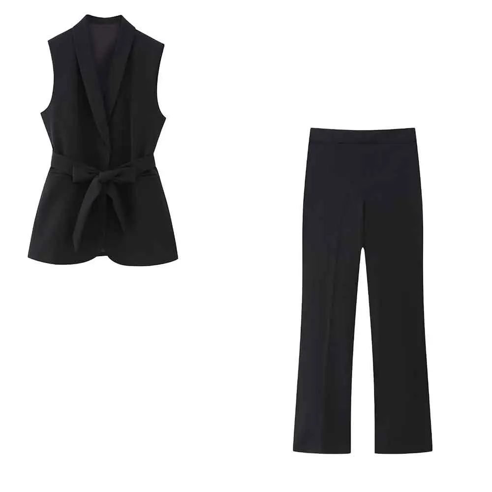 

Set Women 2 Pieces 2023 New Fashion Waistband Rites Clothes Vest Vintage Hanging Trousers Female Waistcoat Chic Tops