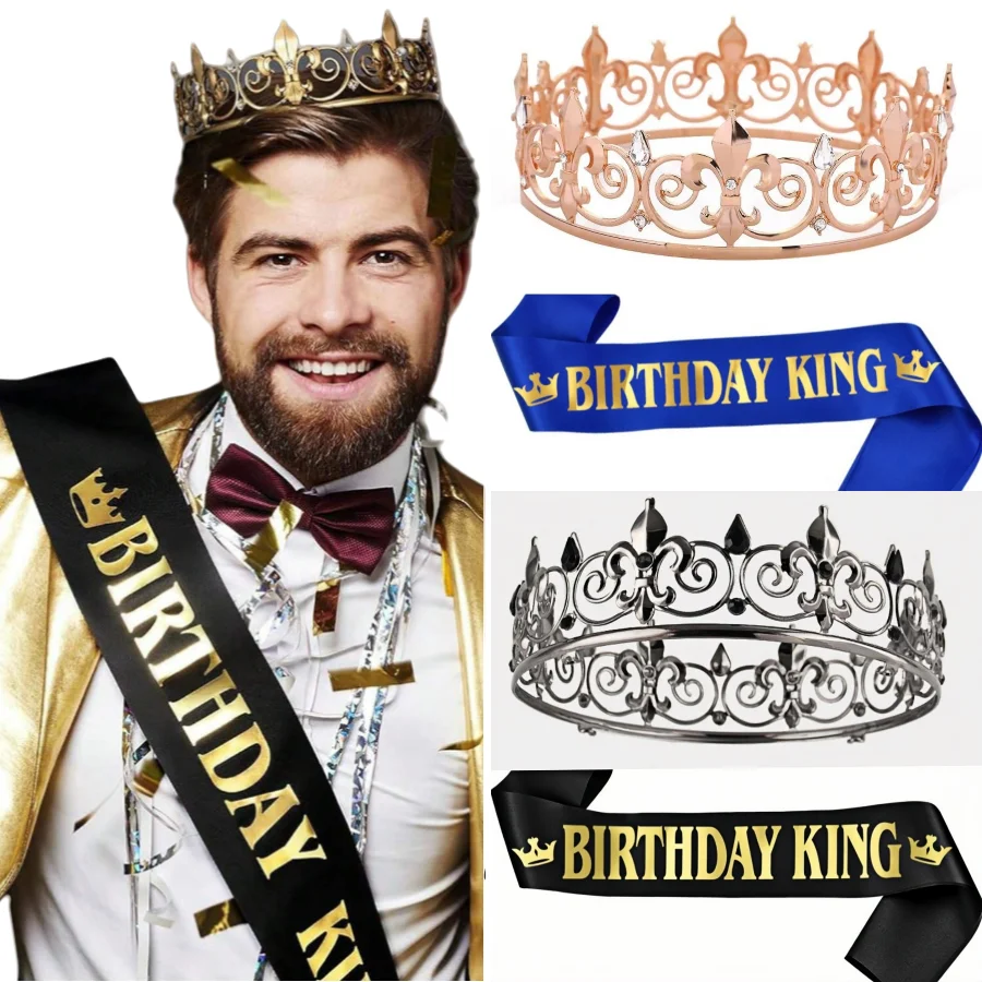 Geburtstagskönig Krone Schärpe Band, Königliche Goldene Krone für Männer Partydekoration Abschlussball Geburtstagsgeschenke für Männer König Pageant Krone