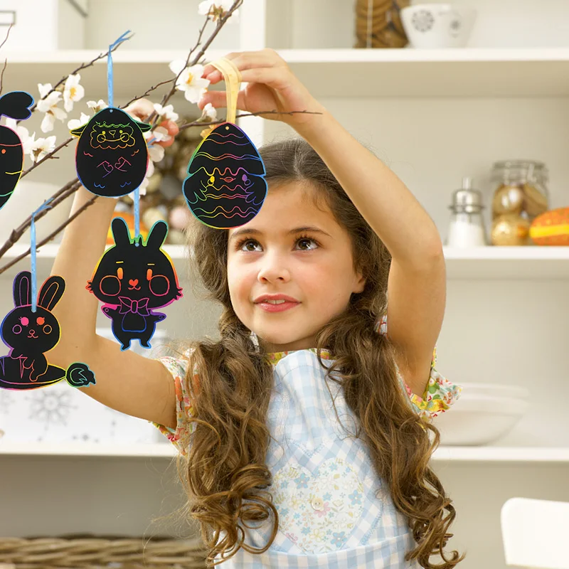 24 Cartes à Gratter Pâques - Arc-en-ciel Avec Rubans - Activité Manuelle Enfants - Décoration Fête