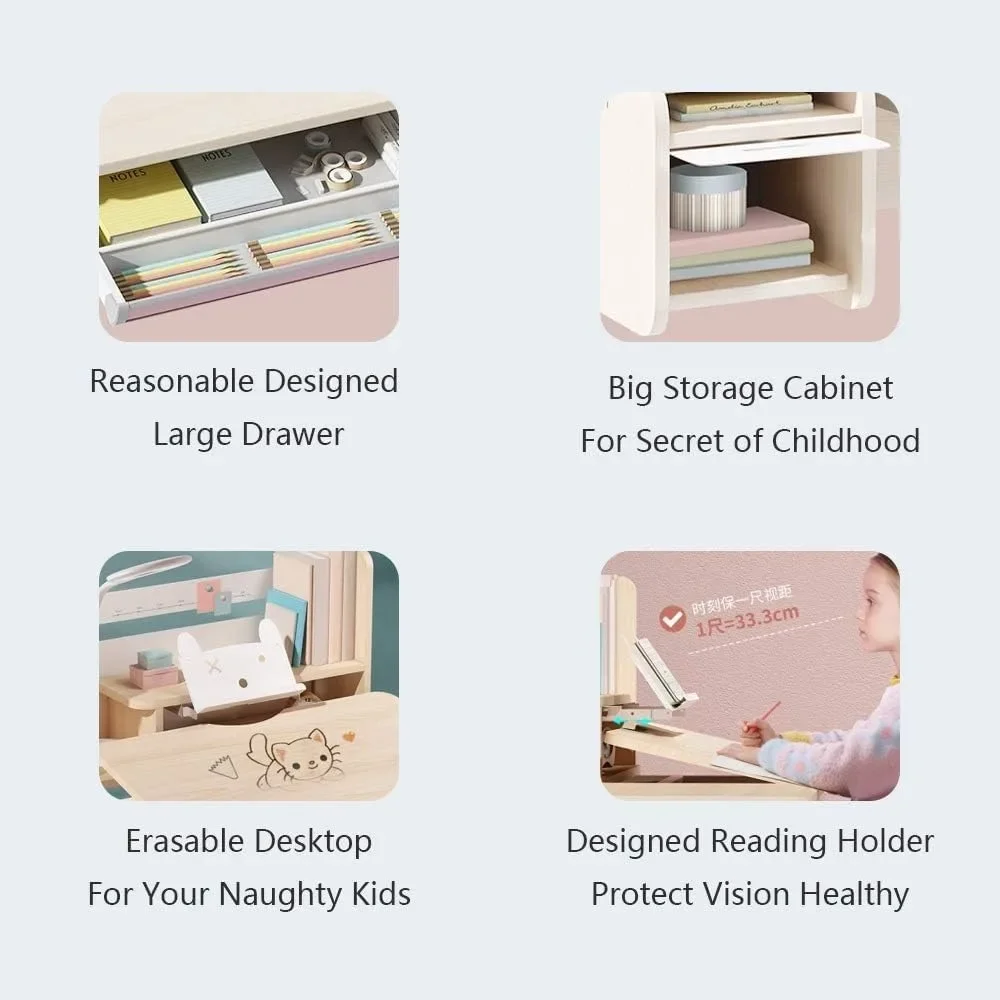 Children's table, wooden height-adjustable ergonomic children's table with tiltable top, storage drawer