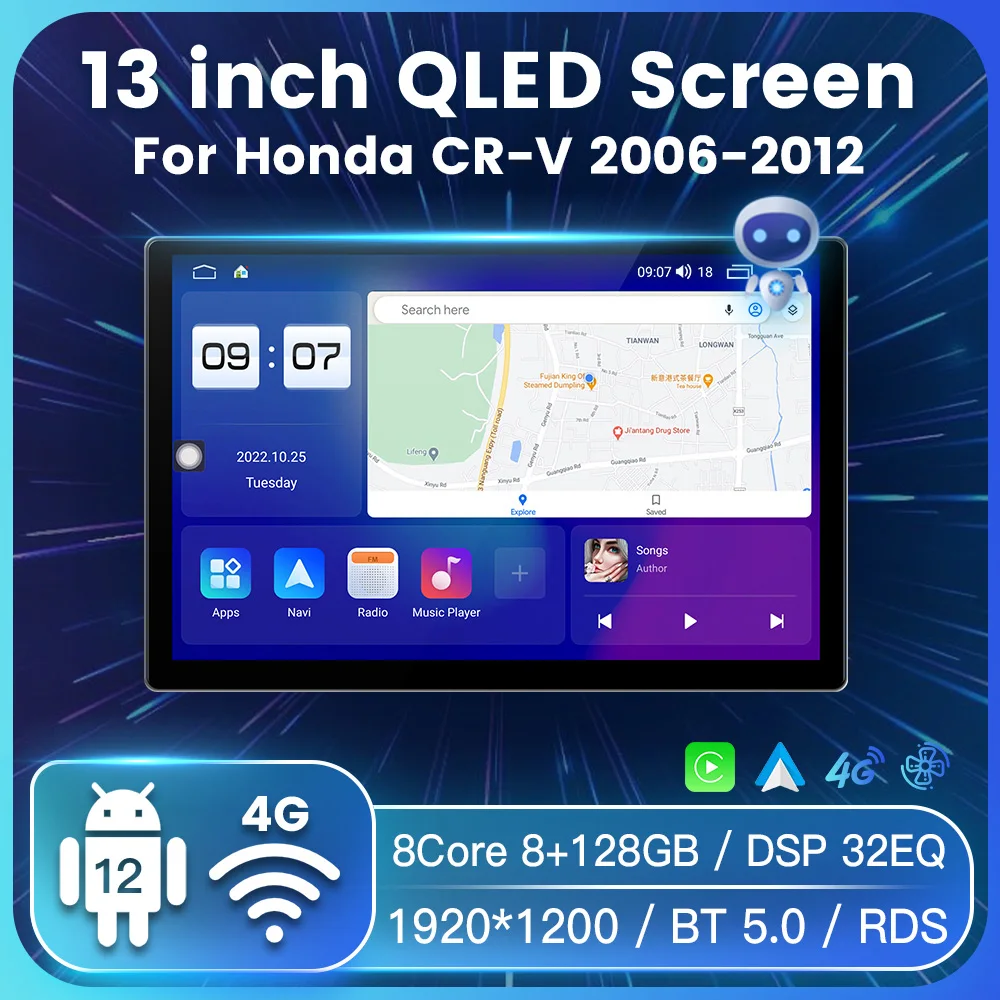 

QLED экран Android 12 все в одном для Honda CRV CR-V 2006-2012 интеллектуальная система GPS навигация автомобильное радио Carplay Авто DSP RDS
