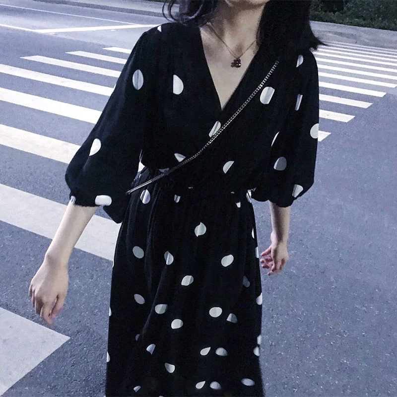 

Large Size Women's Clothing Spring/Summer New Mid-Length Dress for Plump Girls Age-Reducing Slimming Retro Polka Dot Chif 2023