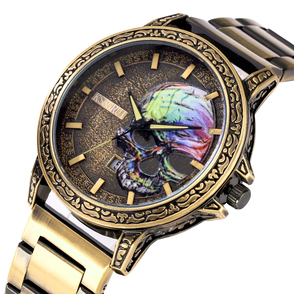 Art Embossed Skull Painting Watch Retro Bronze Street Wear Full Stainless Steel Band Quartz Vintage Watches for Men Luxury Reloj