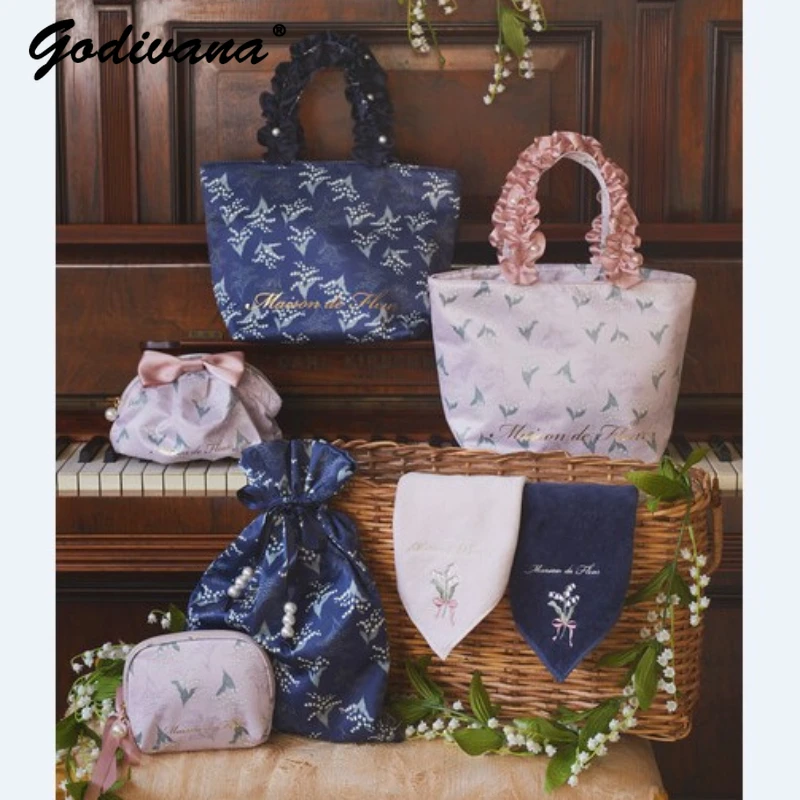 New Japanese Fashion Flower Printed Handbag Pleated Handle Shoulder Bags Women Girls Sweet Shell Cosmetic Bag Clutch new fashion woman brand handbag accessory chain detachable replacement shoulder strap women diy shoulder clutch resin chains