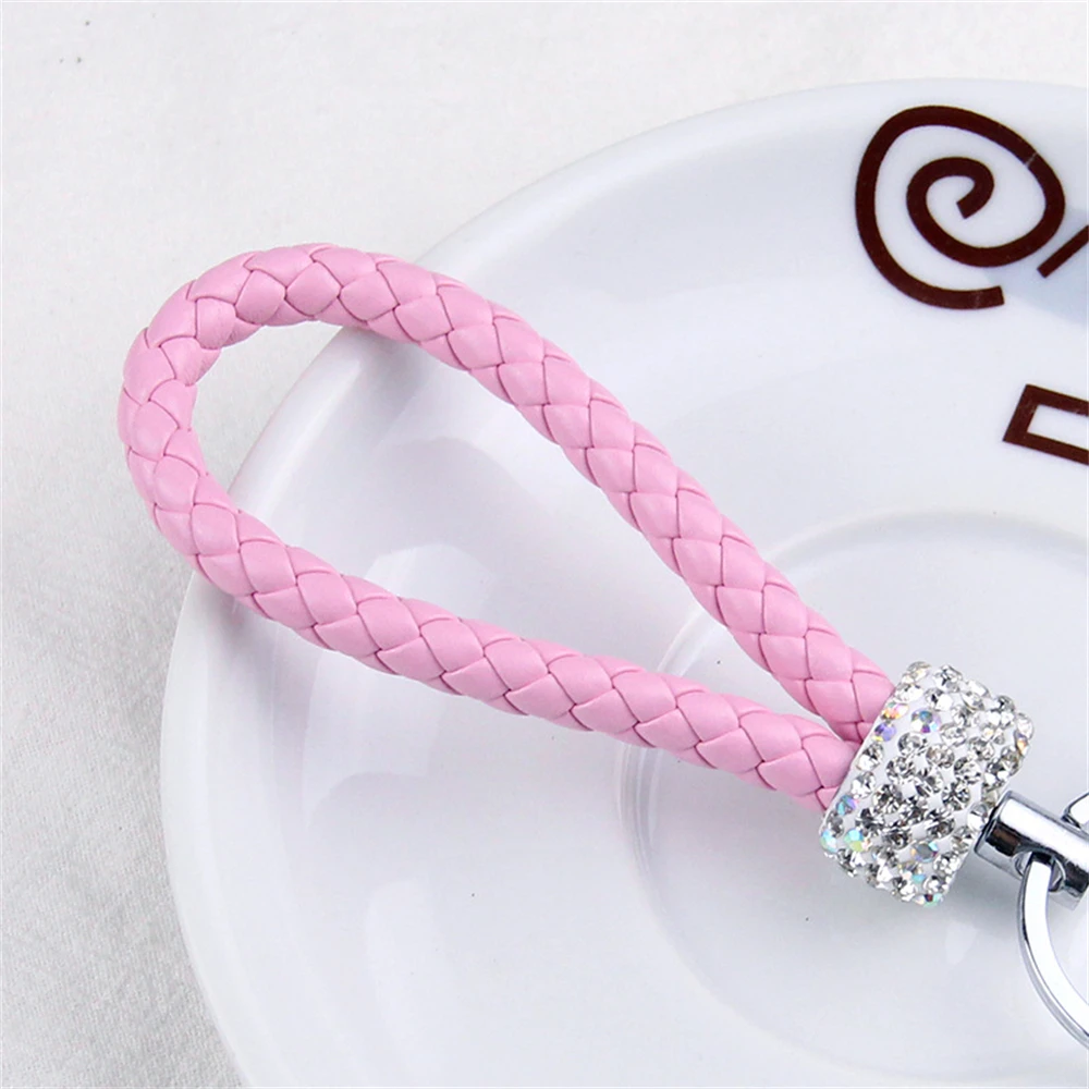 Fashion PU Leather Braided Rope Keychain Glitter Rhinestones