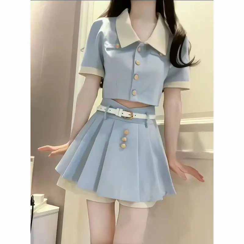 

Women's Clothes Academic Style Suit 2023 Summer Short Top Small Fragrance High Waist Pleated Half Body Skirt Pants Two Piece Set