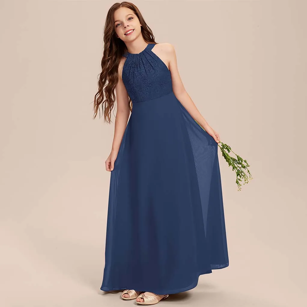 A-line Halter Floor-Length Chiffon Junior Bridesmaid Dress Real Pictures Chiffon Flower Girl Dress Party First Communion Gown