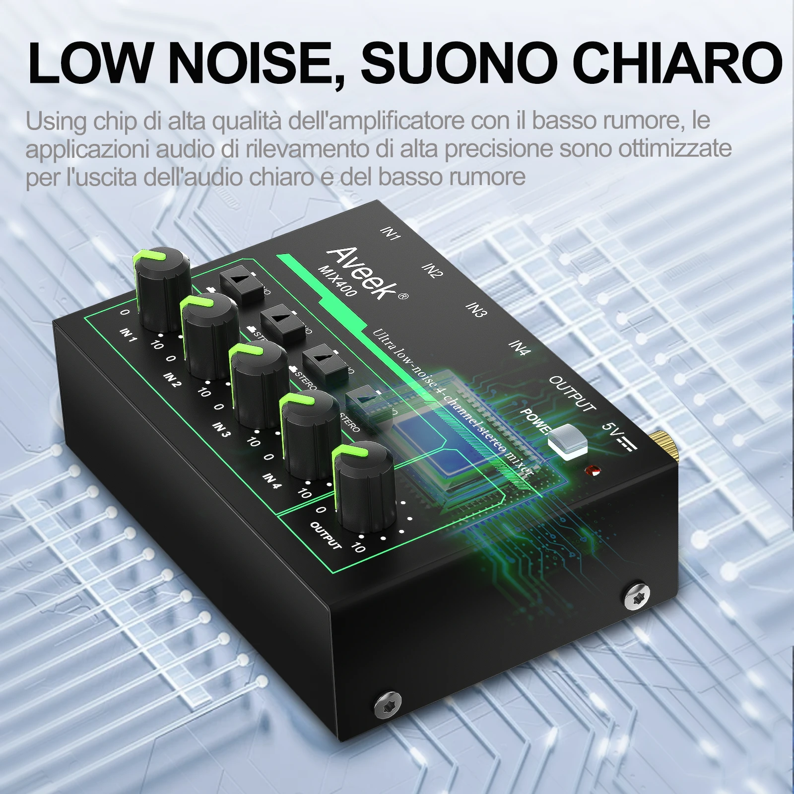 Audio Mixer Aveek 4 Channel Mini 4 Stereo Low-Noise For Precision Sub-Mixing 1/4