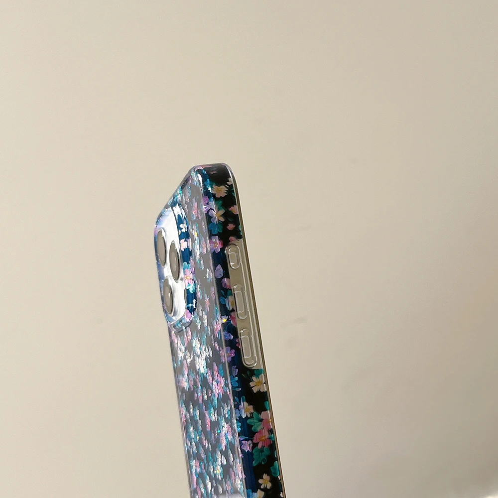 Charming Vintage Dark Green Floral Glitter Phone Case with Colorful Blooms