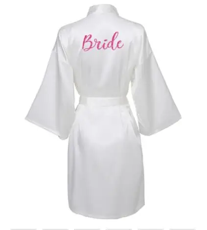 2019 Silk Satin Bridesmaid Sexy Robes Bridal Bath Robe Hot Pink Robes Wedding Silver Matte Printing White Bathrobe Short