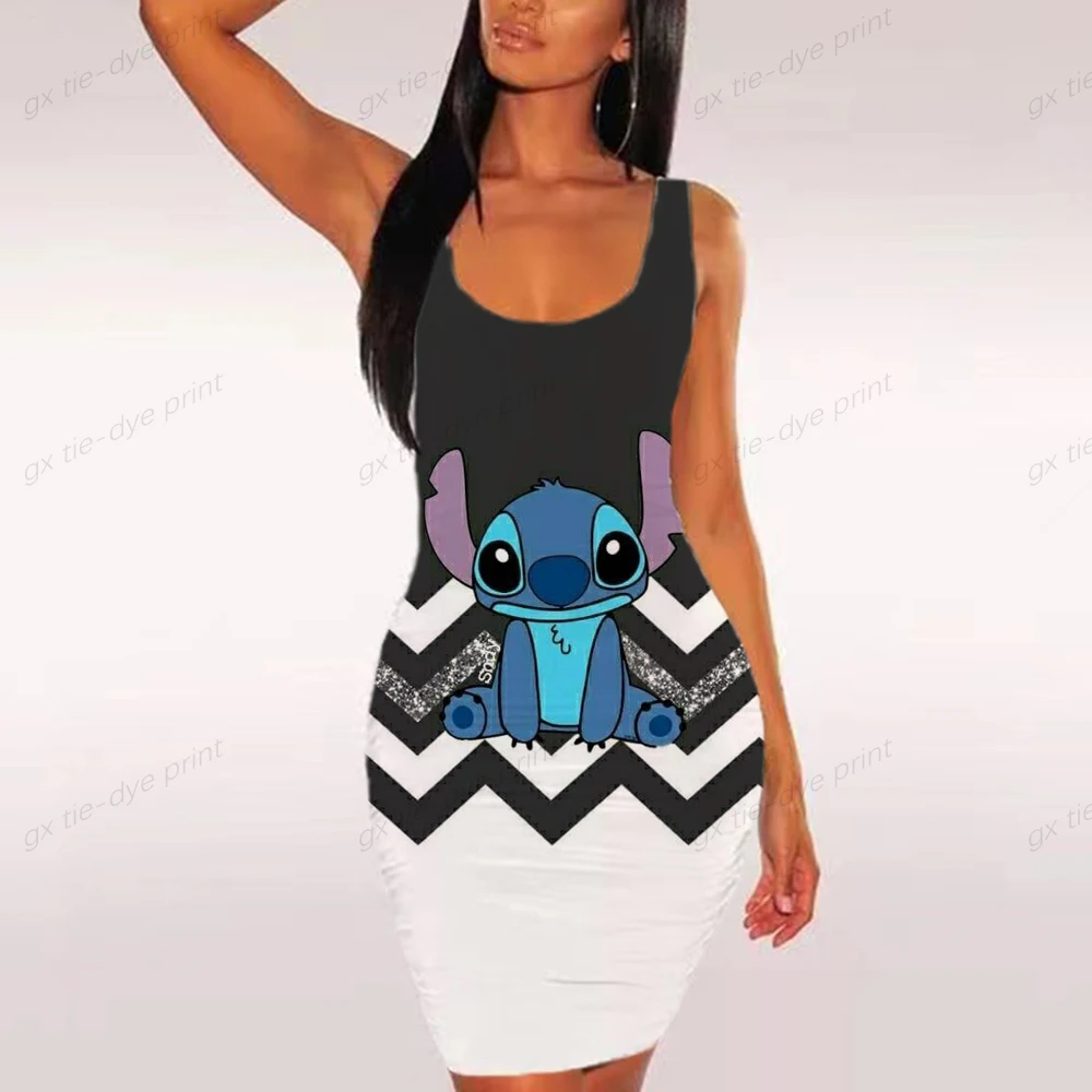 

Nightclub Sexy Sheath Sleeveless Backless Pure Desire Wind Tight Disney stitch Print Short Skirt Summer Women fashion Dress