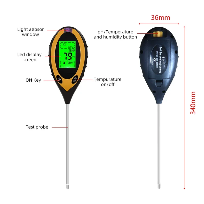 4 in1 Soil PH Meter Tester Moisture Temperature Sunlight Intensity measurement Analysis Acidity Test