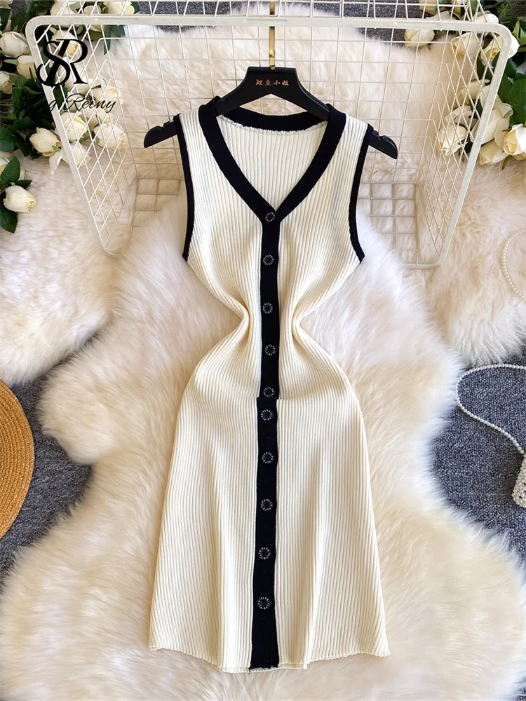 SINGREINY Multicolor Vintage Knitting Dress Classic French Style Sleeveless V Neck Summer Ladies Simple Elegant Workwear Dresses