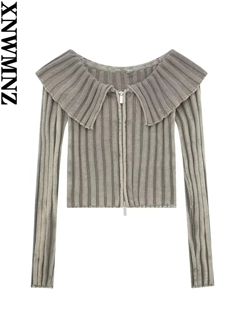 

XNWMNZ Women's Fashion 2023 Ribbed Knitted Off Shoulder Cardigan Women Lapel Long Sleeve Zipper Fit Versatile Female Knit Top