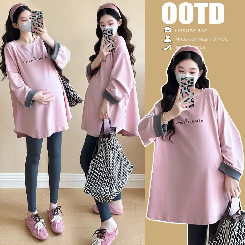 Odzież ciążowa 2025 wiosna i jesień nowa luźna miękka wygodna codzienna minimalistyczna koszulka z długim rękawem i okrągłym dekoltem z nadrukiem liter