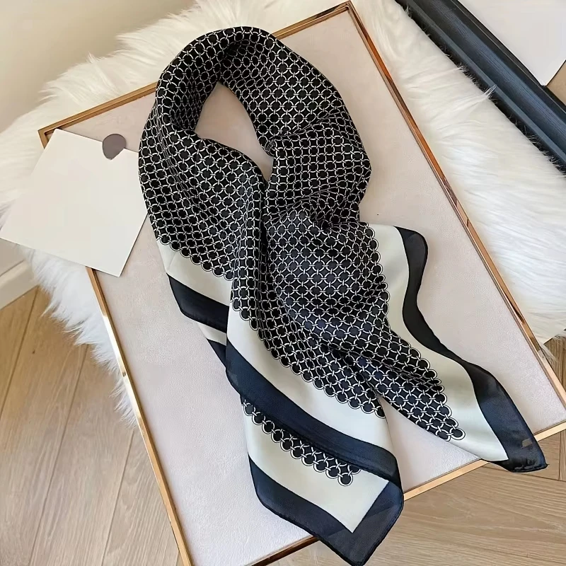 New Elegant Soft Satin Square Scarf For Women Stylish Round Ring Print Versatile Bandana Elegant Style Sunscreen Headscarf 3