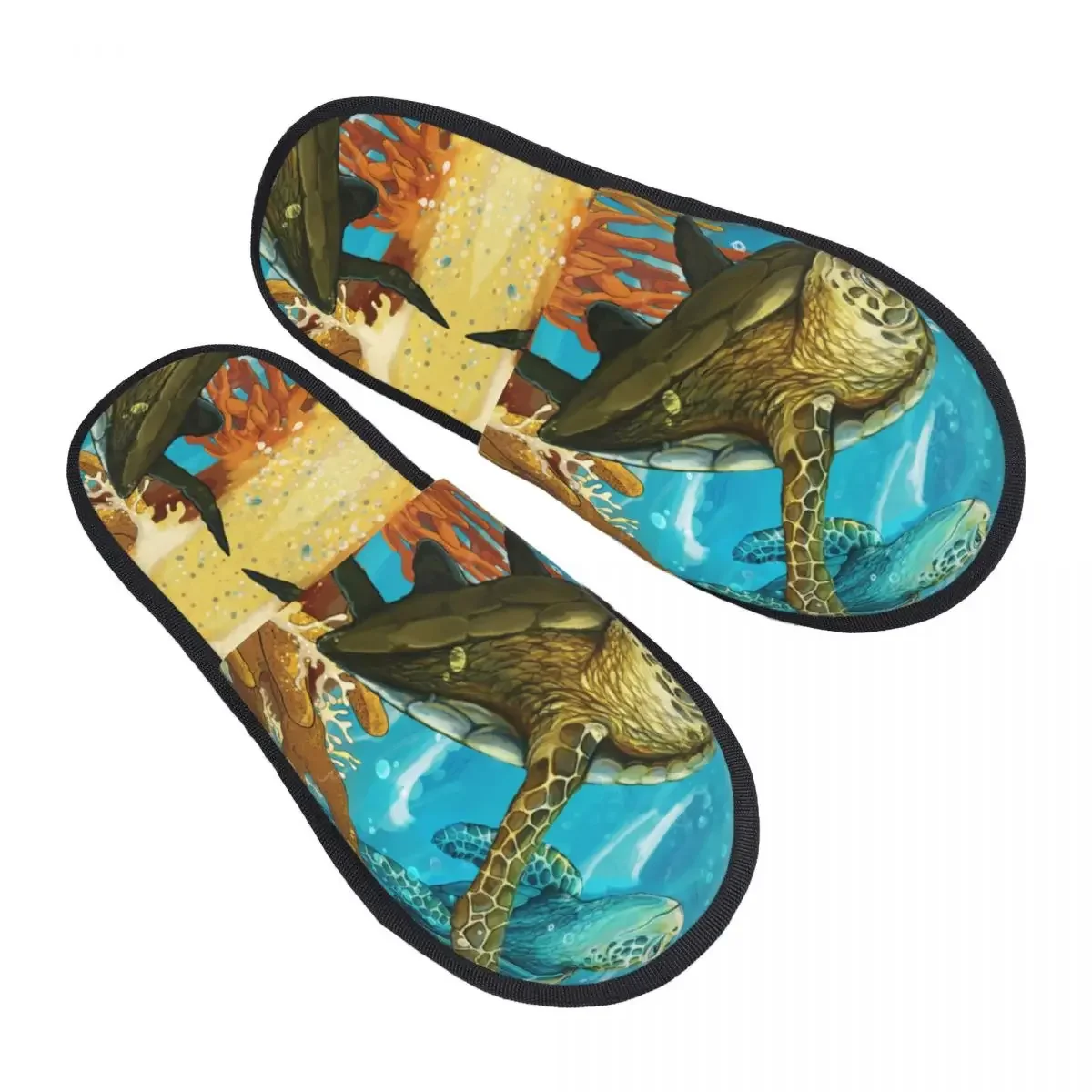 

Winter Women Men Non-Slip Flat Slippers Sea Turtles Indoor Fur Soft Warm Shoes