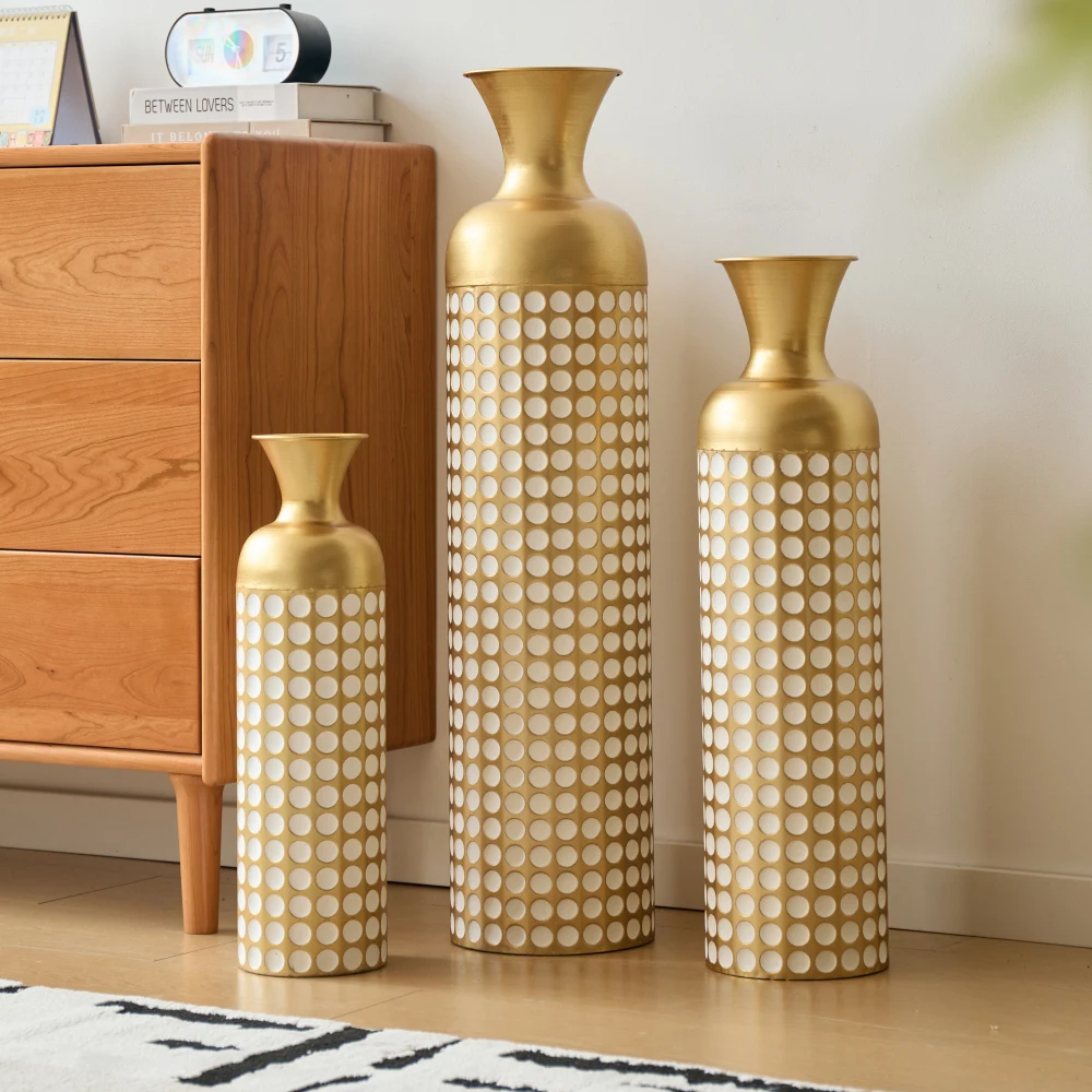 3-teilige Retro-Bodenvasen aus Metall in Weißgold (83/65/50 cm hoch), große dekorative Vasen für Wohnzimmer/Schlafzimmer, passend für Pampas-Zweige – Detail 13