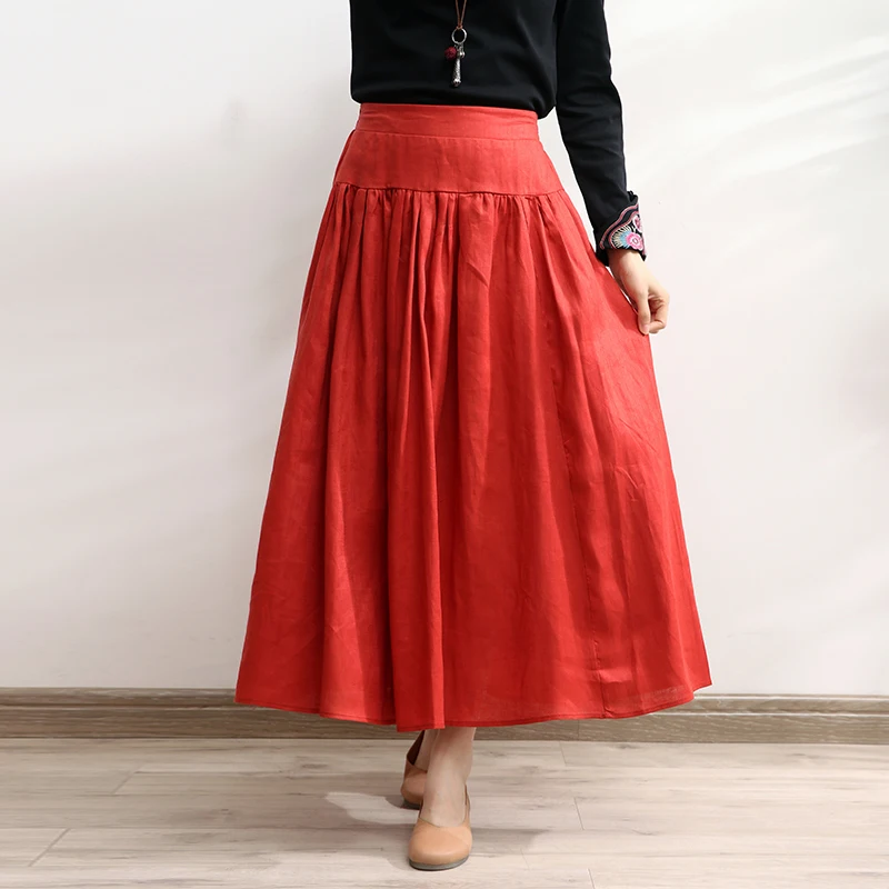 TIYIHAILEY Free Shipping 2022 New Long Maxi Elastic High Waist Women Skirt With Pockets Summer Casual Orange A-line Linen Cotton