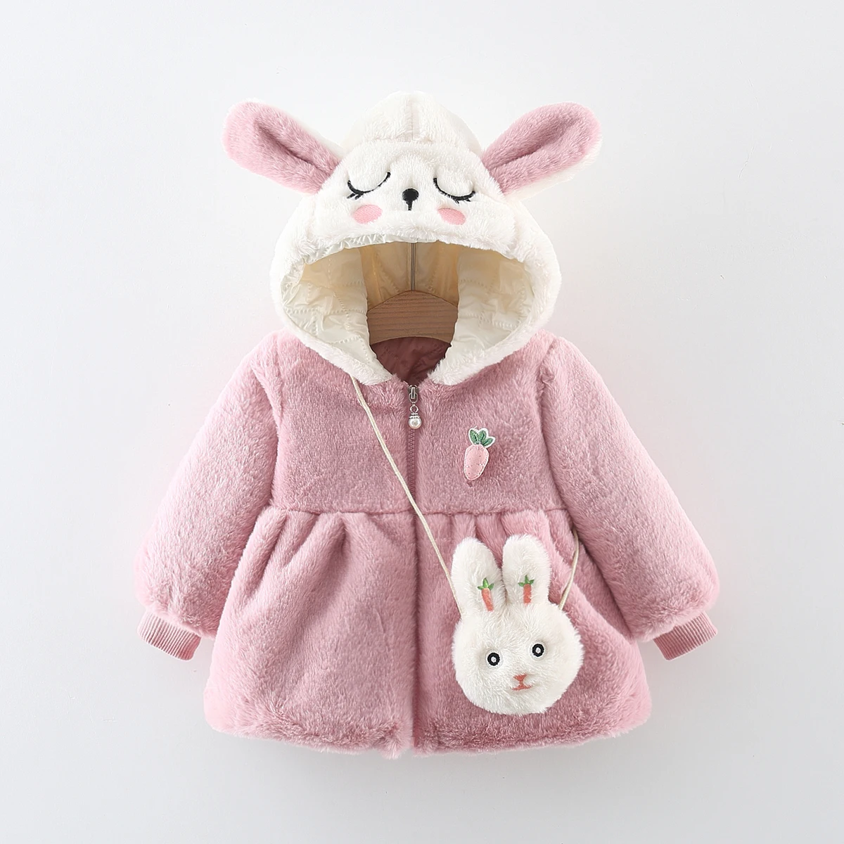 Winter Girls' Thickened Coat Plush Hooded Newborn Baby Jacket Rabbit Embroidered Baby Girl Cotton Coat Delivery Of Bags