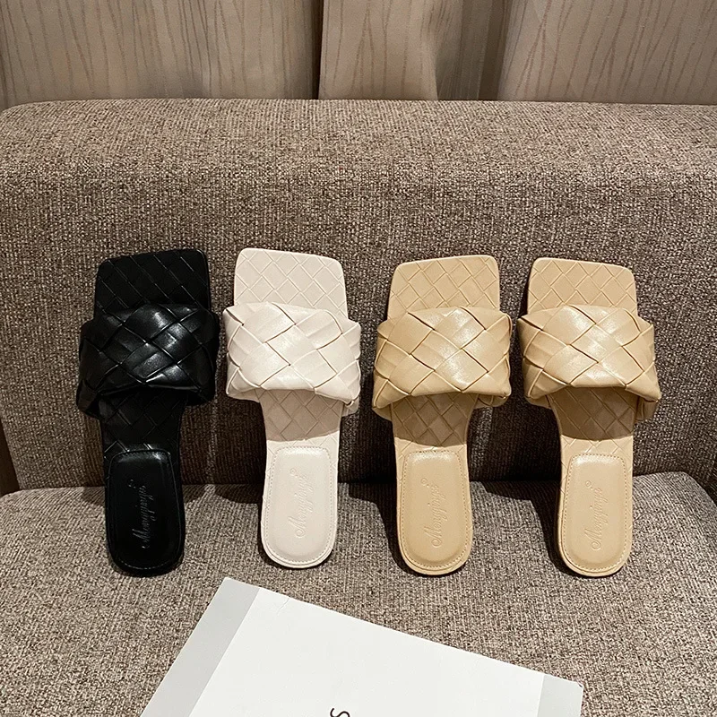 

Brand Designer Leather Weaved Slippers Women Soft Bottom Flat Summer Slide Shoes for Woman Flipflops Braiding Sandals Big Size43