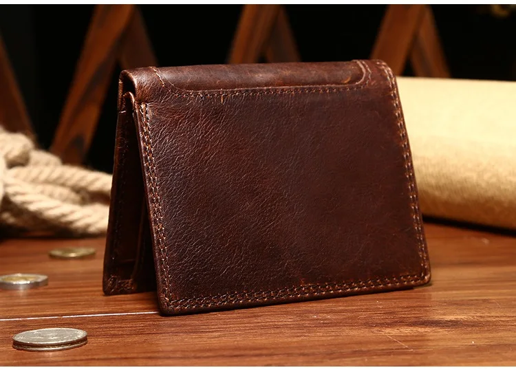 MJ Genuine Leather Men's Short Wallet Retro Bi-Fold Leather Wallet Card Holder Male Purse Coin Pocket ID Window Photo Position (5)