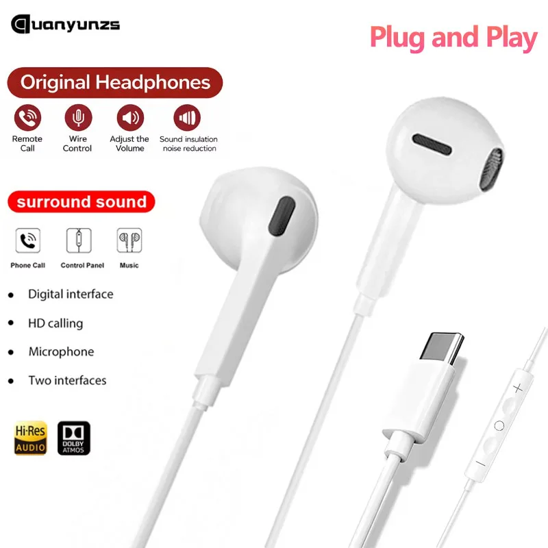Wired HiFi Stereo Earphones with Microphone - USB C Connection, Sport Music Earbuds