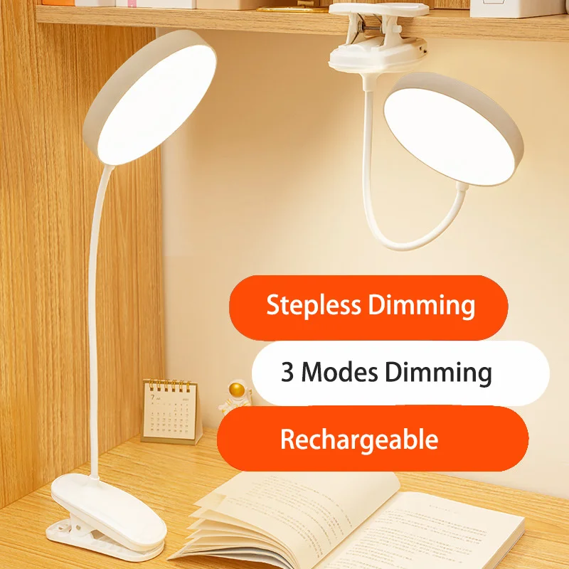 

USB Bed Reading Book Night Light Round Desk Lamp With Clip Rechargeable Table Lamp Eye Protection LED Desk Lamps 3 Modes Dimming